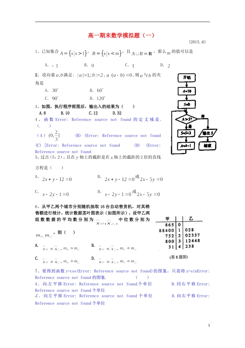 高一数学下学期期末模拟题（1）-人教版高一全册数学试题_第1页