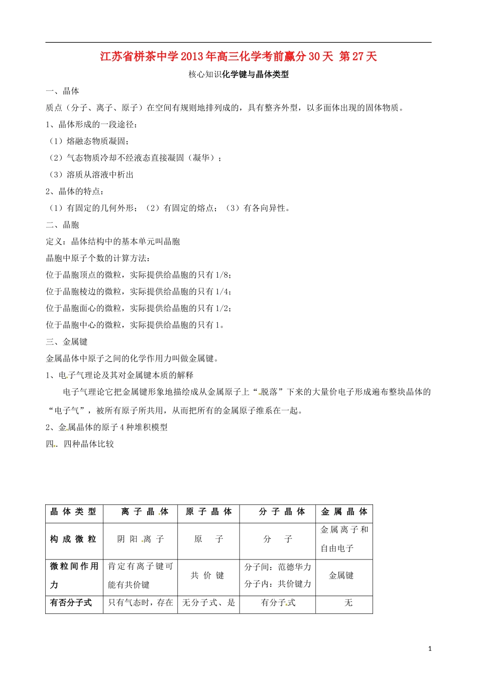 江苏省栟茶中学2013年高三化学考前赢分30天 第27天_第1页