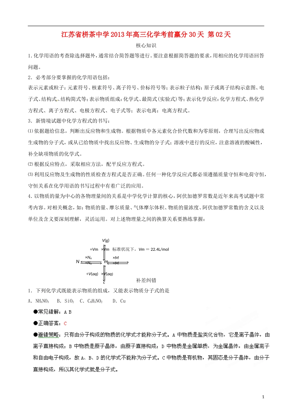 江苏省栟茶中学2013年高三化学考前赢分30天 第02天_第1页