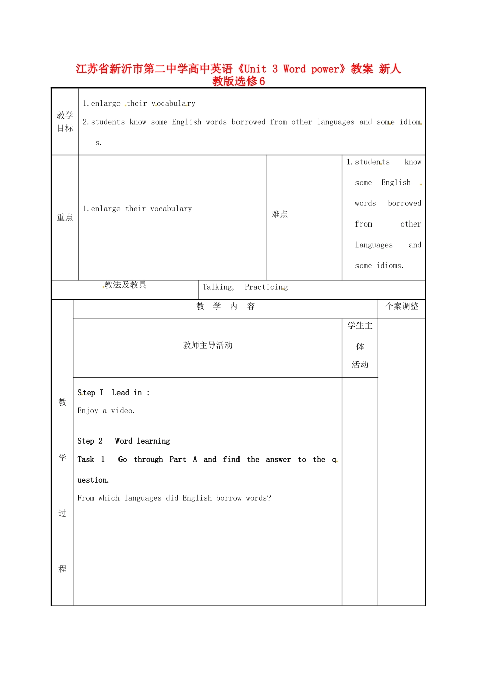 江苏省新沂市第二中学高中英语《Unit 3 Word power》教案 新人教版选修6_第1页