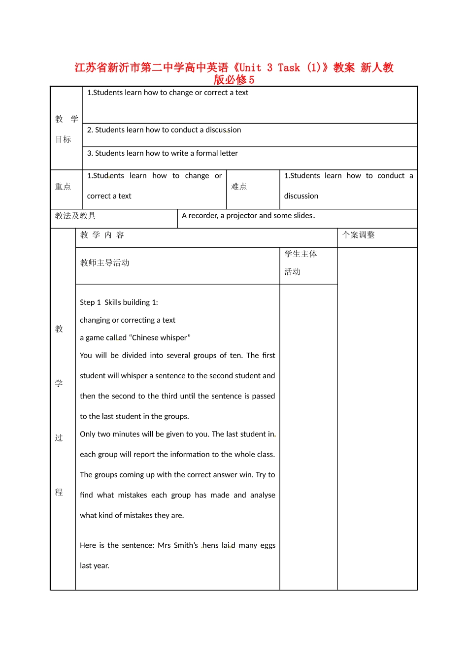 江苏省新沂市第二中学高中英语《Unit 3 Task (1)》教案 新人教版必修5_第1页