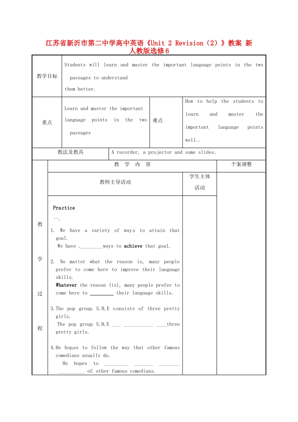 江苏省新沂市第二中学高中英语《Unit 2 Revision（2）》教案 新人教版选修6_第1页