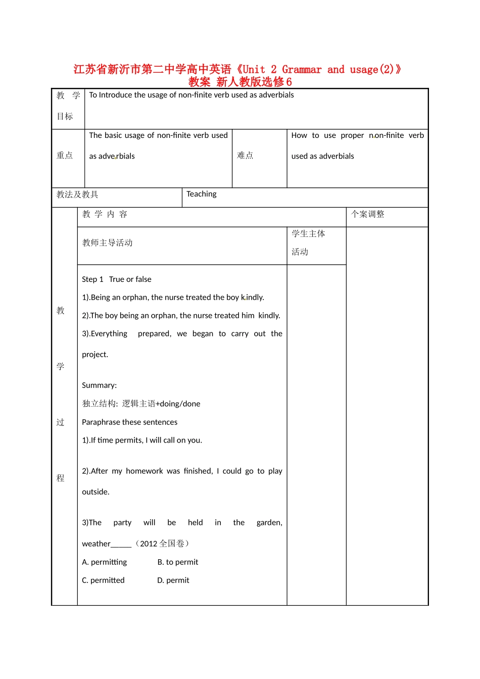 江苏省新沂市第二中学高中英语《Unit 2 Grammar and usage(2)》教案 新人教版选修6_第1页