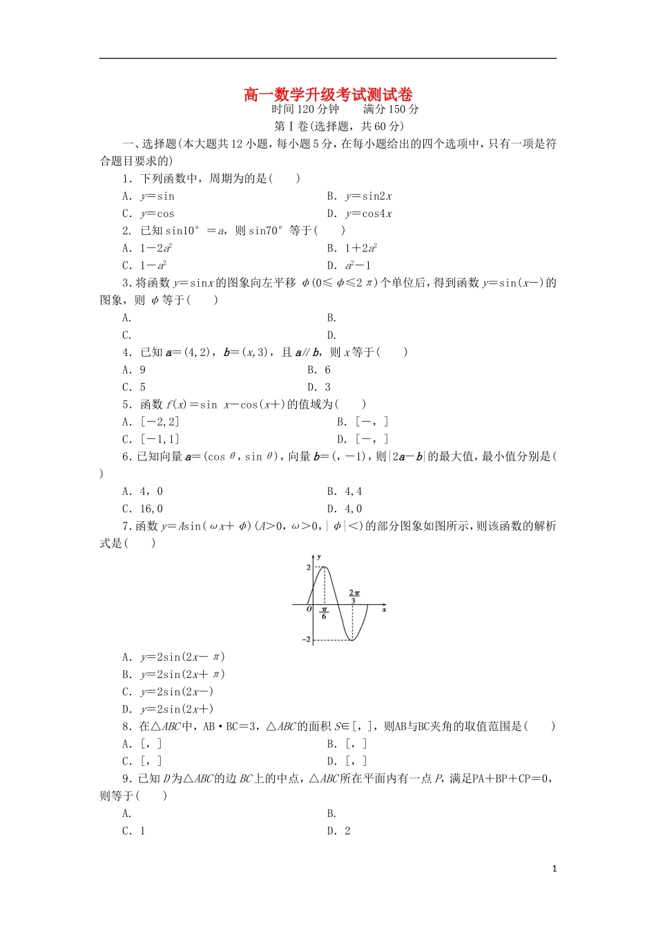 高一数学下学期升级考试试题-人教版高一全册数学试题_第1页