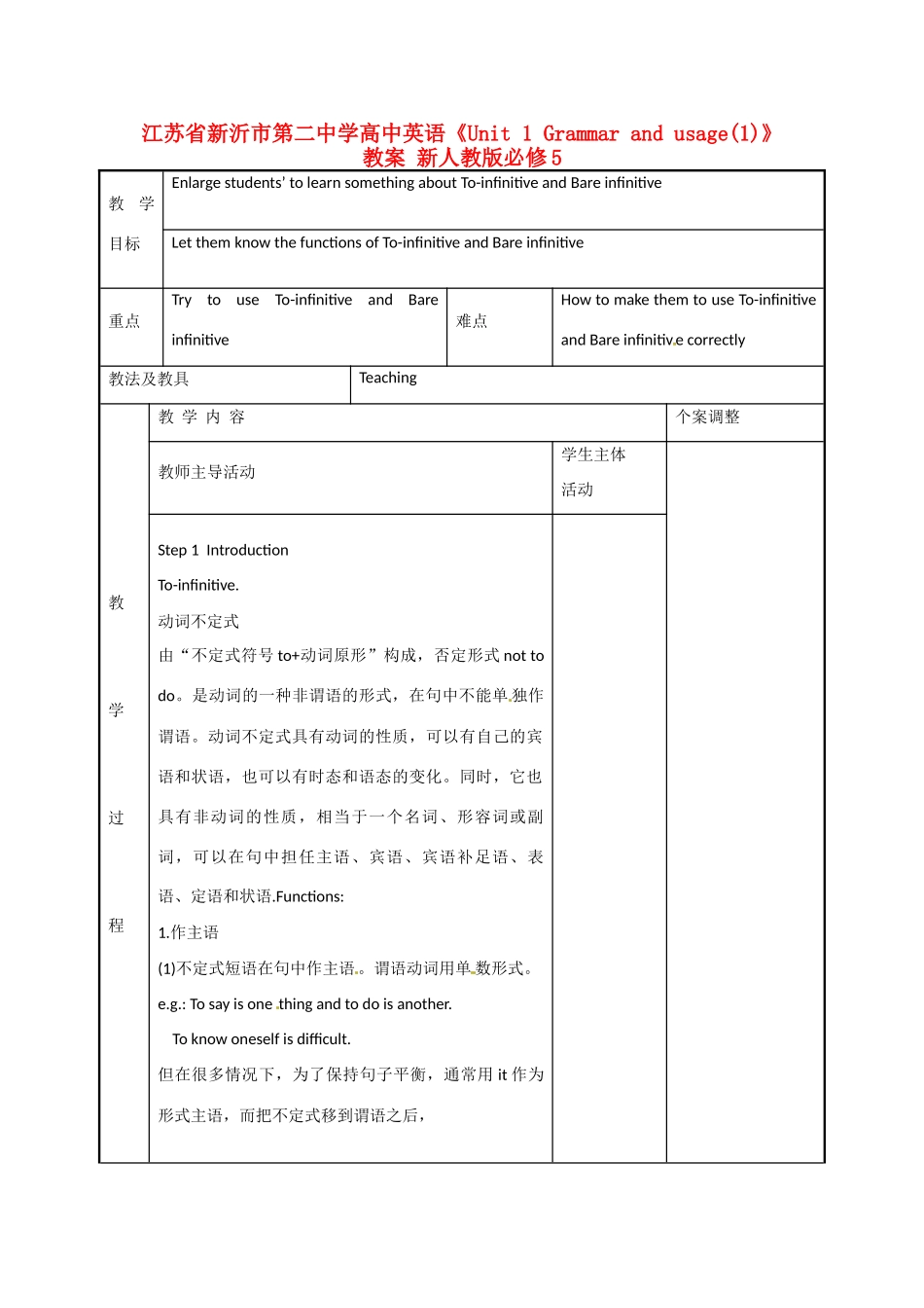 江苏省新沂市第二中学高中英语《Unit 1 Grammar and usage(1)》教案 新人教版必修5_第1页