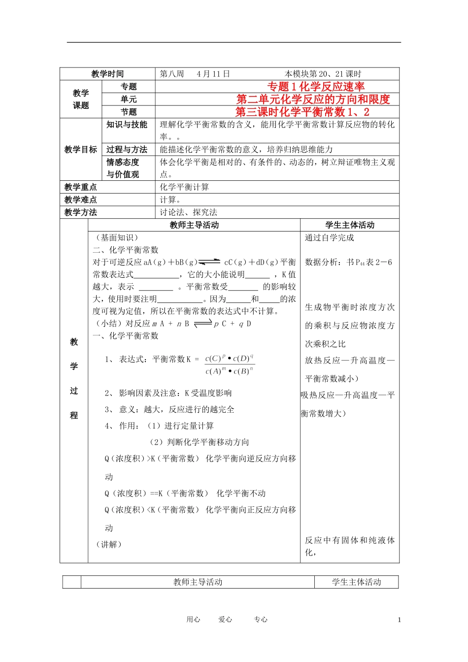 江苏省新沂市王楼中学高中化学 第二单元《化学反应的方向和限度：化学平衡常数》教案 苏教版选修4_第1页
