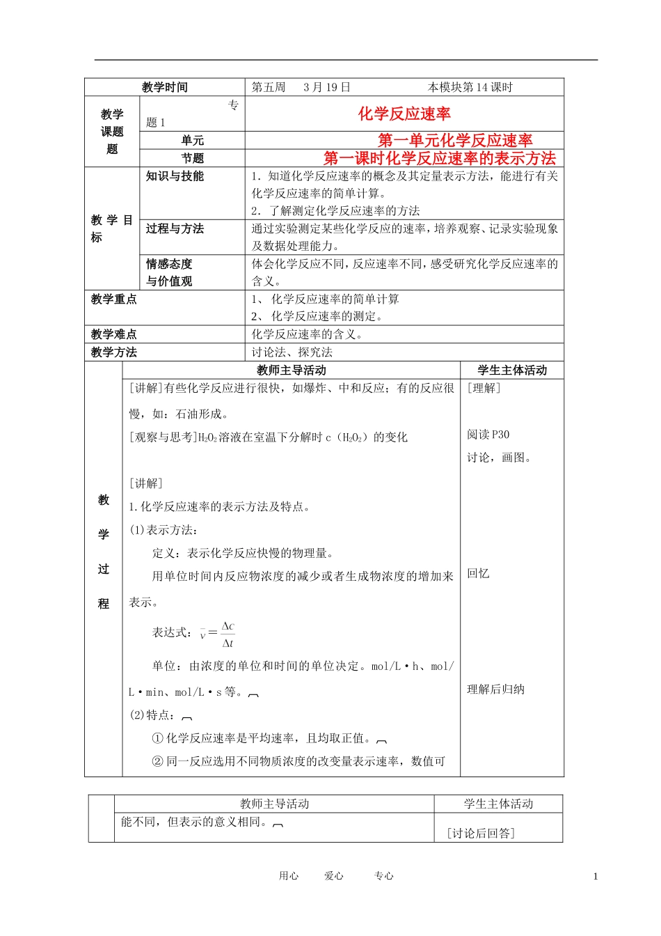 江苏省新沂市王楼中学高中化学 第一单元《化学反应速率：化学反应速率的表示方法》教案 苏教版选修4_第1页