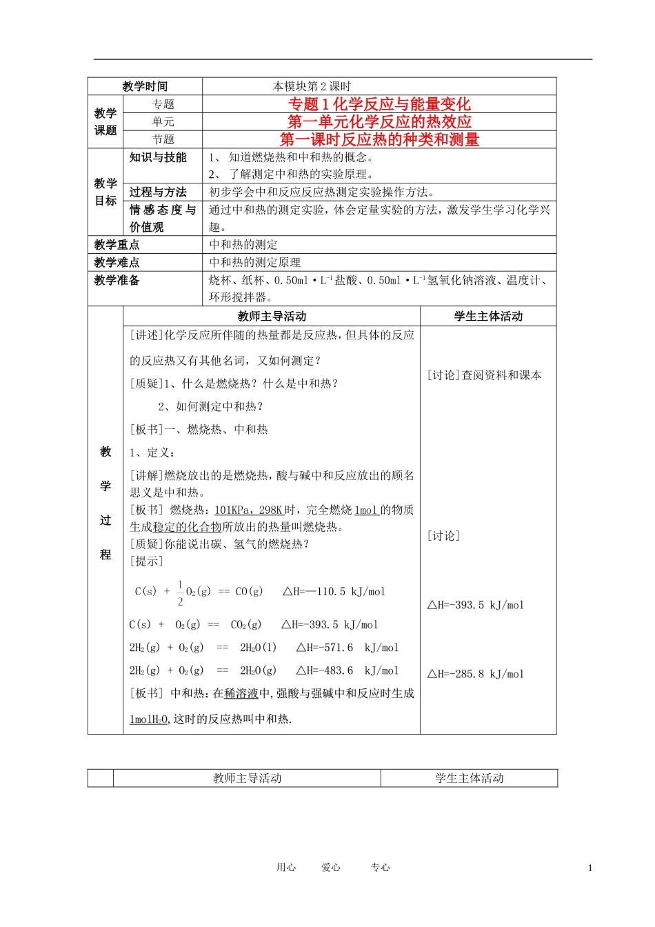 江苏省新沂市王楼中学高中化学 第一单元《化学反应的热效应：反应热的种类和测量》教案 苏教版选修4_第1页