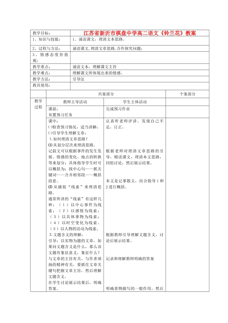 江苏省新沂市棋盘中学高二语文《铃兰花》教案_第1页