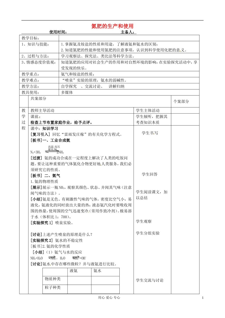 江苏省新沂市棋盘中学高一化学 课题：氮肥的生产及使用 教案_第1页