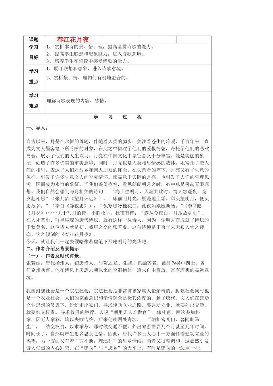 江苏省扬州市安宜高级中学高二语文B部《春江花月夜》教案_第1页