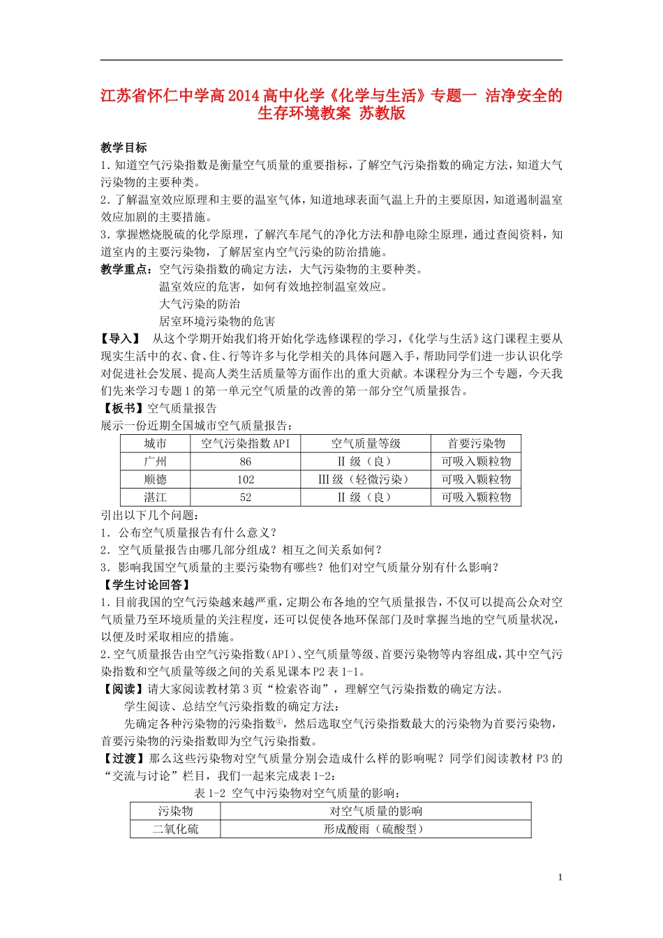 江苏省怀仁中学高2014高中化学《化学与生活》专题一 洁净安全的生存环境教案 苏教版_第1页
