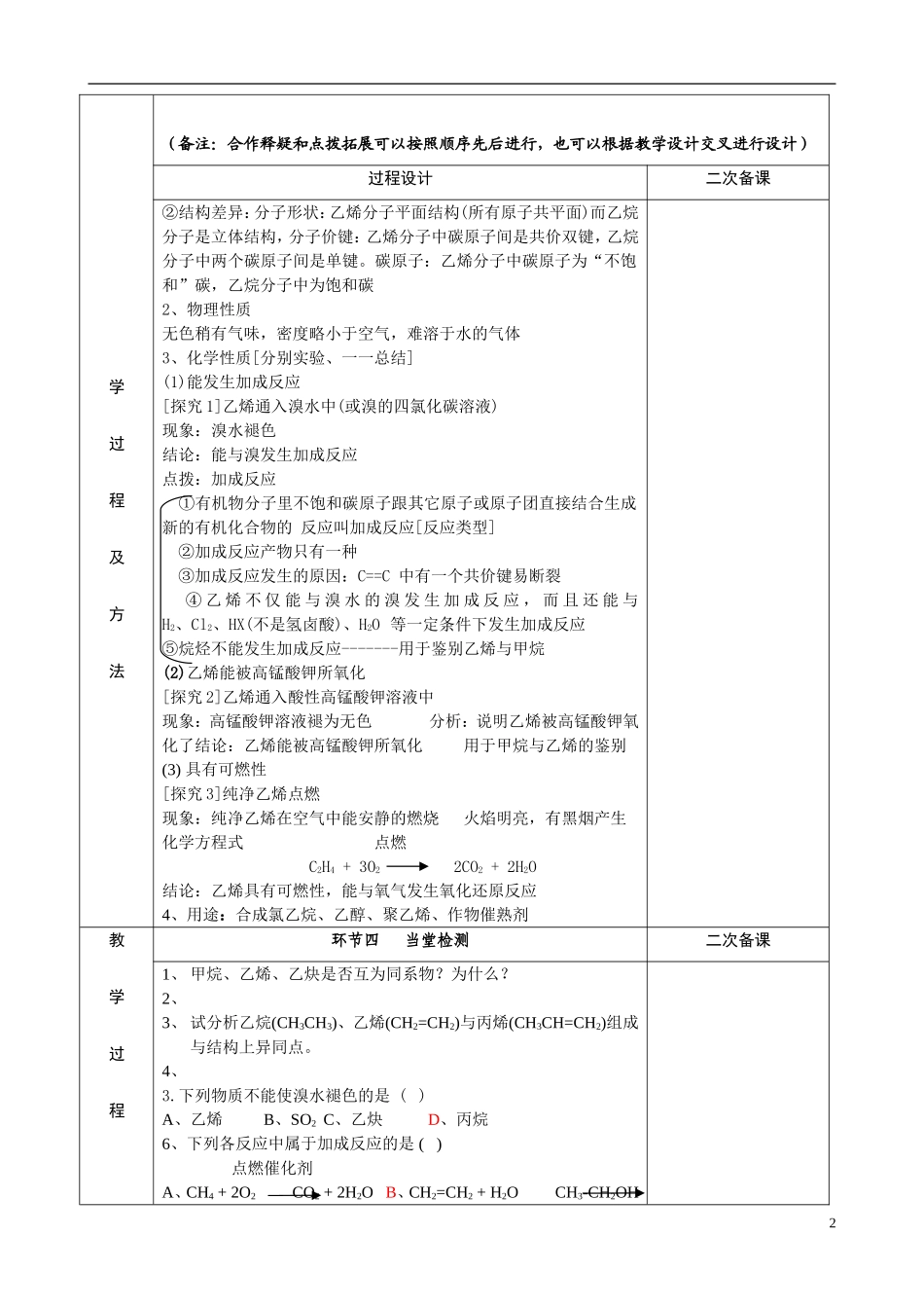 江苏省徐州市睢宁县菁华高级中学2014年高中化学 专题三 第一单元 化石燃料与有机化合物-石油的炼制 乙烯（第2课时）四步教学法教案 苏教版必修2_第2页