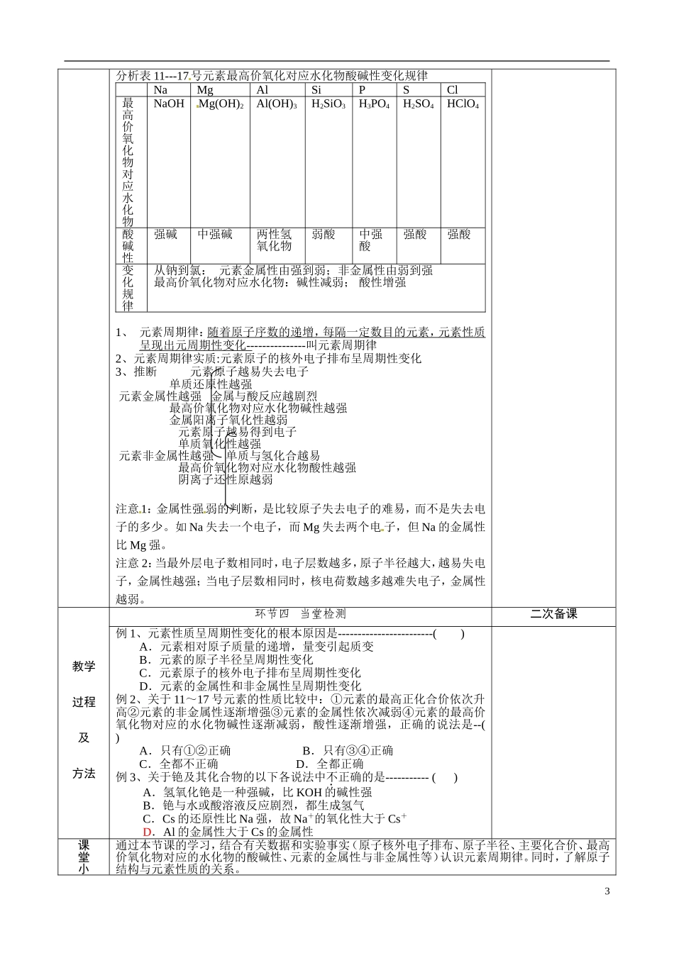 江苏省徐州市睢宁县菁华高级中学2014年高中化学 专题一第一单元 元素周期律四步教学法教案 苏教版必修2 _第3页
