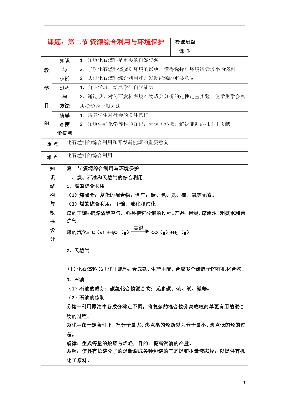 江苏省平潮高级中学高中化学集体备课 《第四章 化学与可持续发展》第二节 资源综合利用与环境保护教案 苏教版必修2_第1页