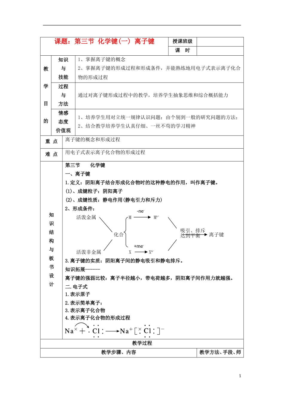 江苏省平潮高级中学高中化学集体备课 《第一章 物质结构元素周期律》第三节 化学键教案 苏教版必修2_第1页
