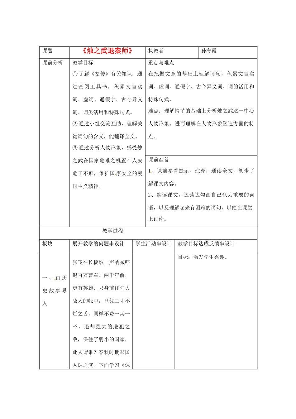 江苏省常州市西夏墅中学高中语文 烛之武退秦师（4）教案 苏教版必修3_第1页