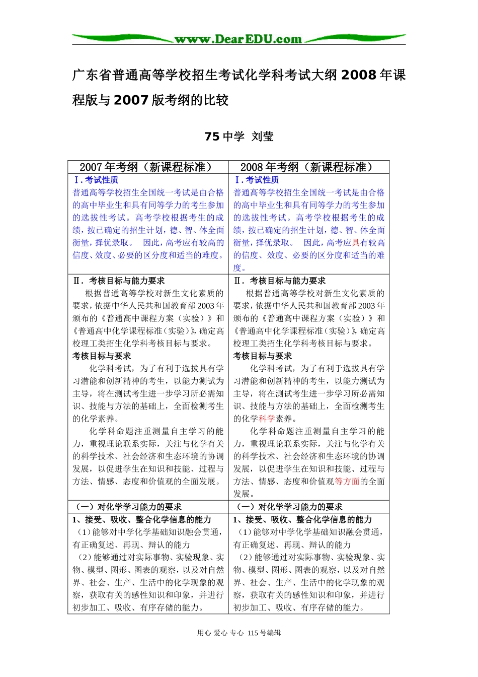 广东省高三化学普通高等学校招生考试化学科考试大纲2008年课程版与2007版考纲的比较_第1页