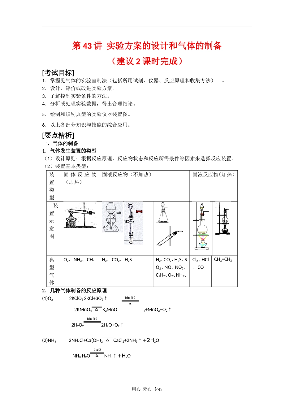 广东省红城中学2010届高三化学复习教案：第43讲 实验方案的设计和气体的制备 新人教版_第1页