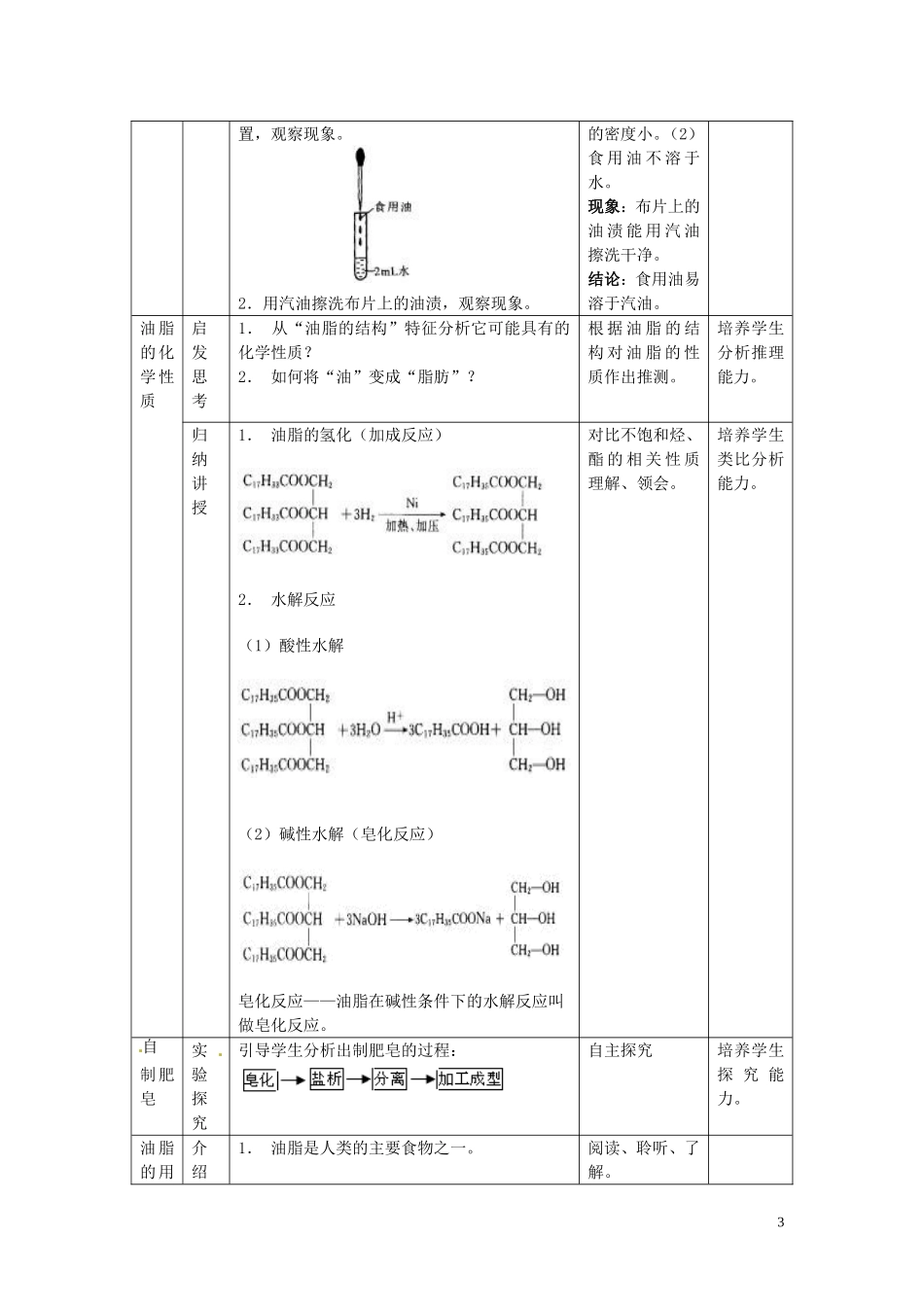 广东省河源市龙川县第一中学高中化学 第四章 第一节《油脂》教案 新人教版选修5_第3页