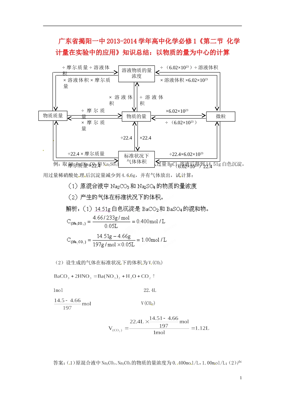 广东省揭阳一中2013-2014学年高中化学《第二节 化学计量在实验中的应用》 以物质的量为中心的计算知识总结 新人教版必修1_第1页