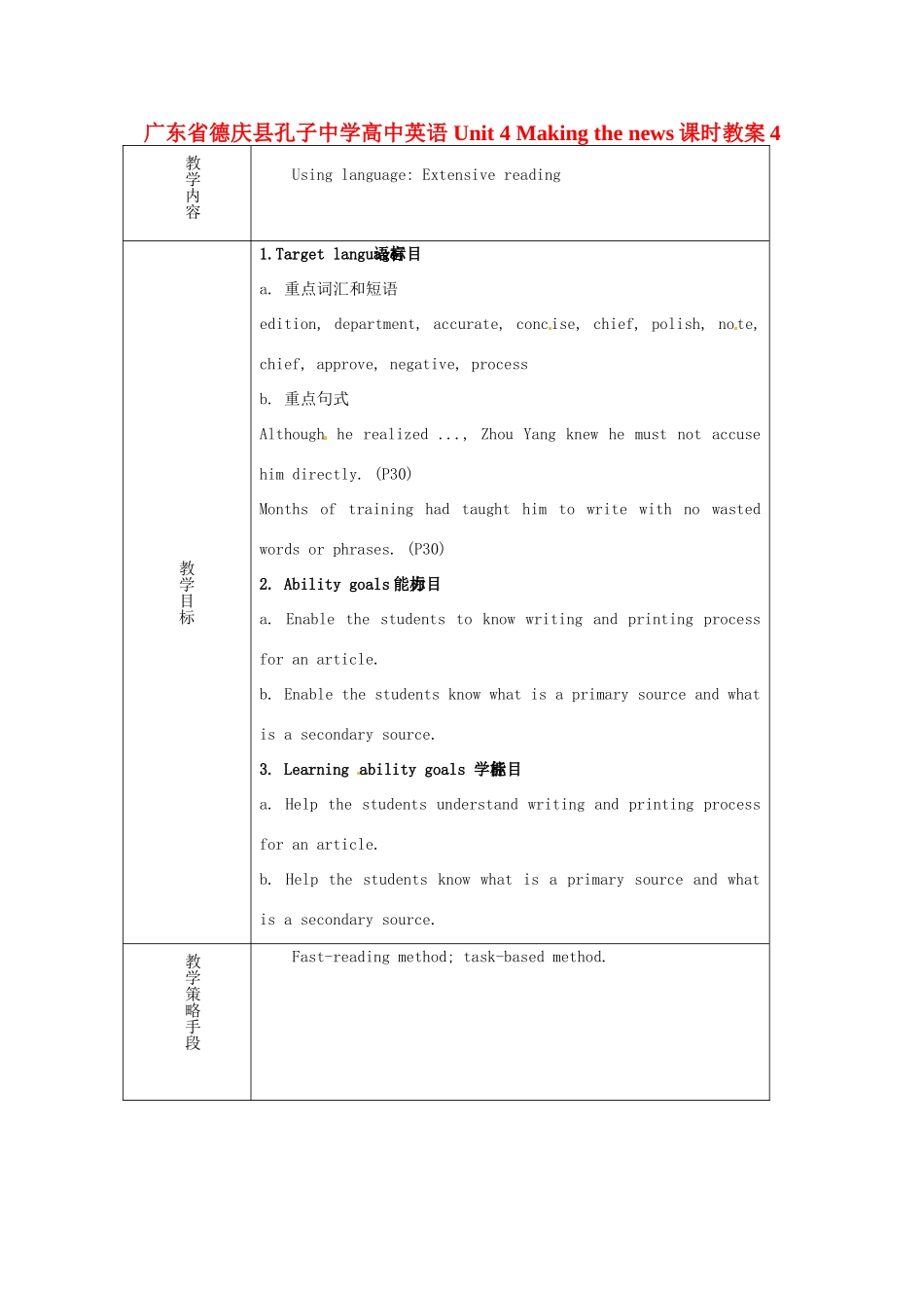 广东省德庆县孔子中学高中英语 Unit 4 Making the news课时教案4_第1页
