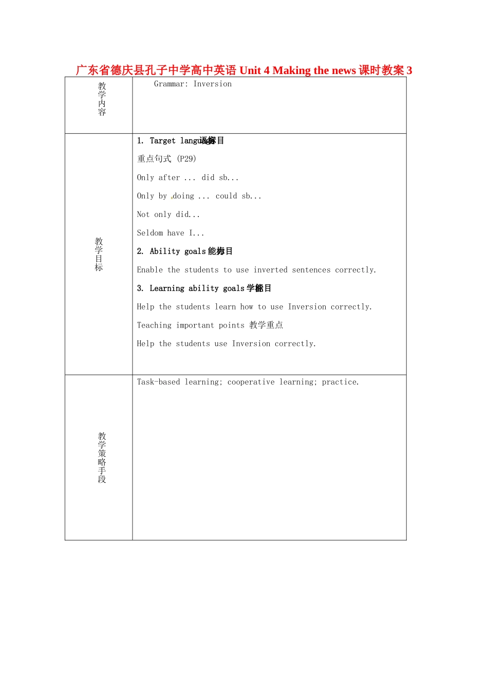广东省德庆县孔子中学高中英语 Unit 4 Making the news课时教案3_第1页