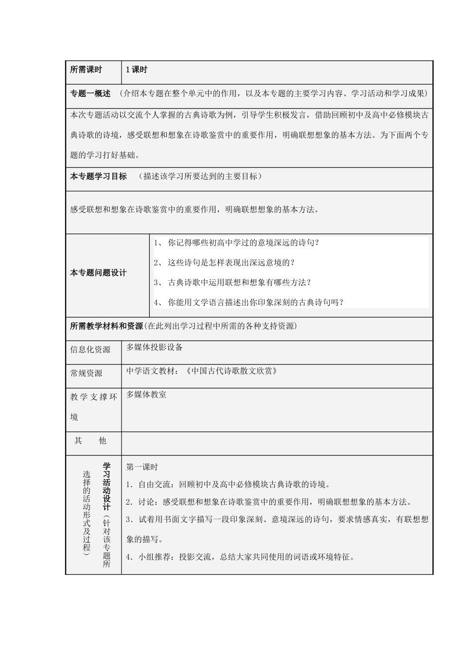 山东省邹城市高中2012-2013学年高二语文 借助联想和想象置身诗境主题单元设计_第3页