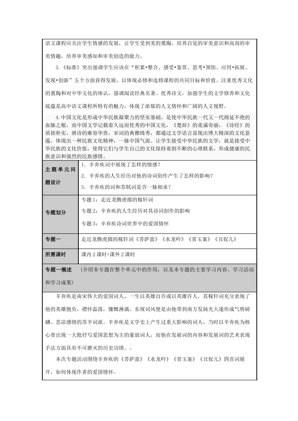 山东省诸城市龙城中学2012-2013学年高二语文 把栏杆拍遍了 辛弃疾的爱国情怀主题单元设计 鲁教版_第3页