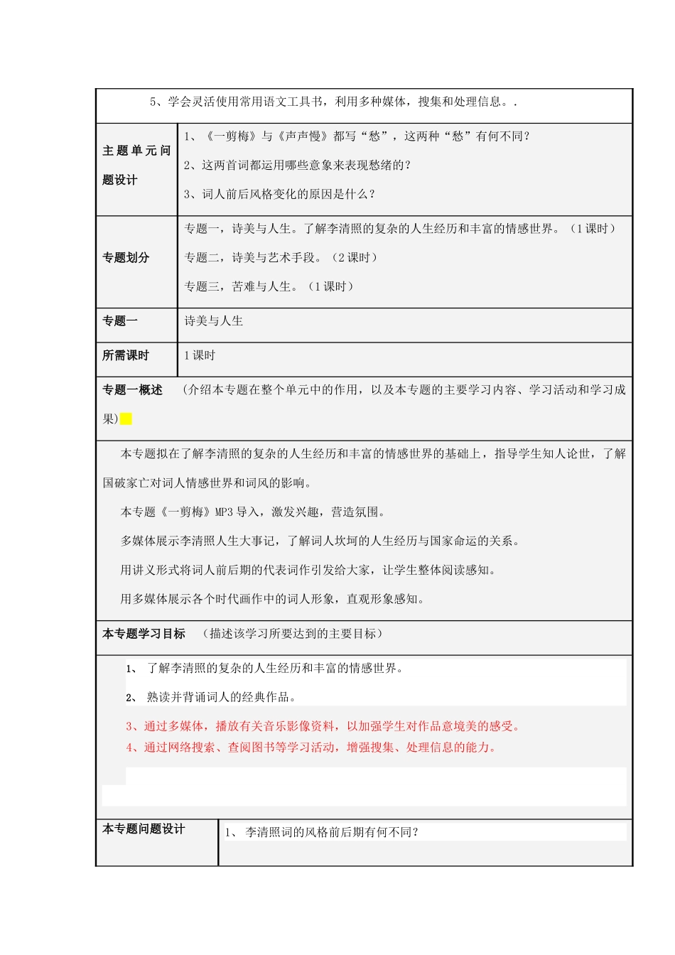 山东省诸城市龙城中学2012-2013学年高二语文 乱世中的美神 李清照主题单元设计 鲁教版_第3页