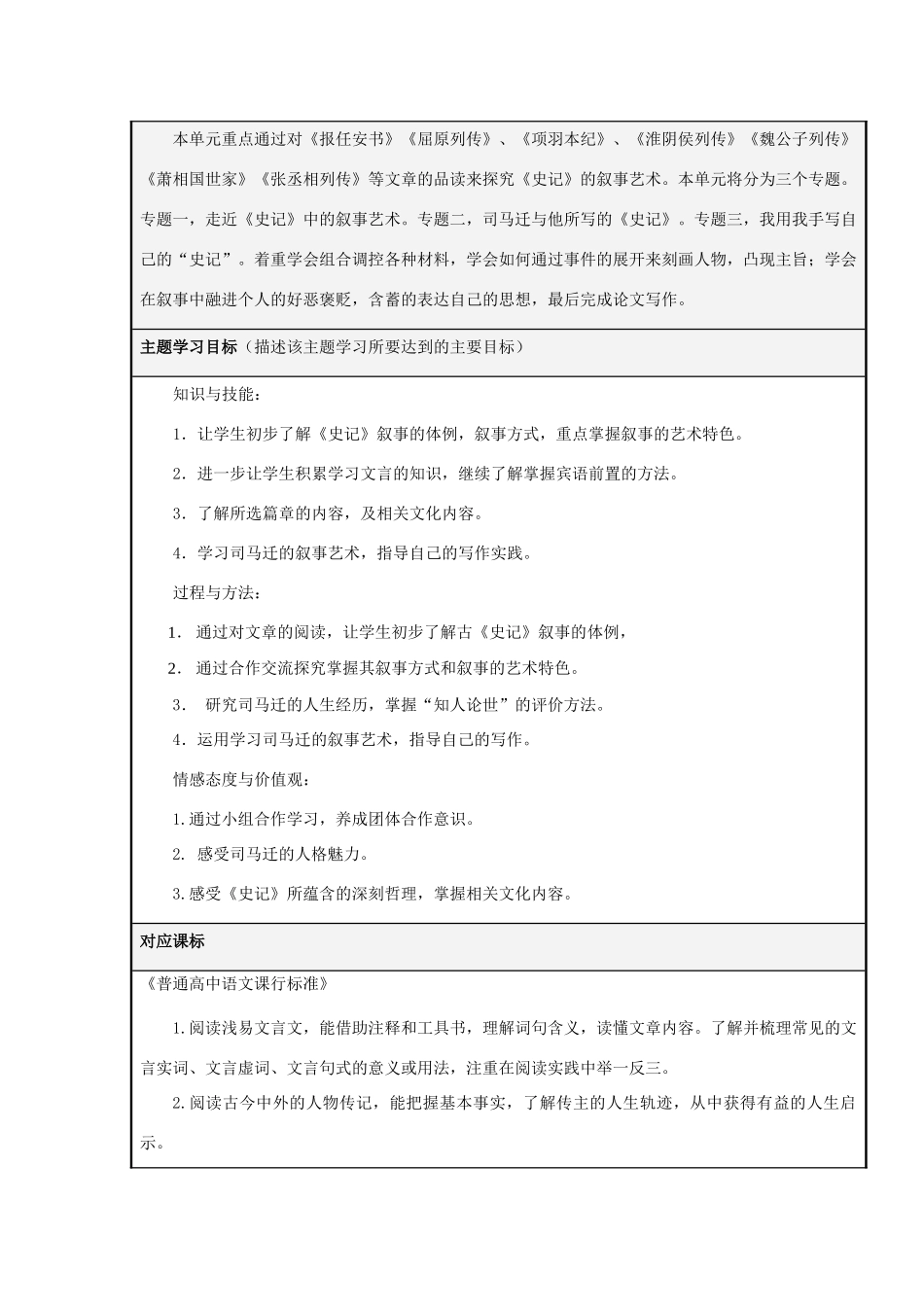 山东省诸城市实验中学2012-2013学年高二语文 善序事理文外无穷谈《史记》的叙事艺术主题单元设计 鲁教版_第2页