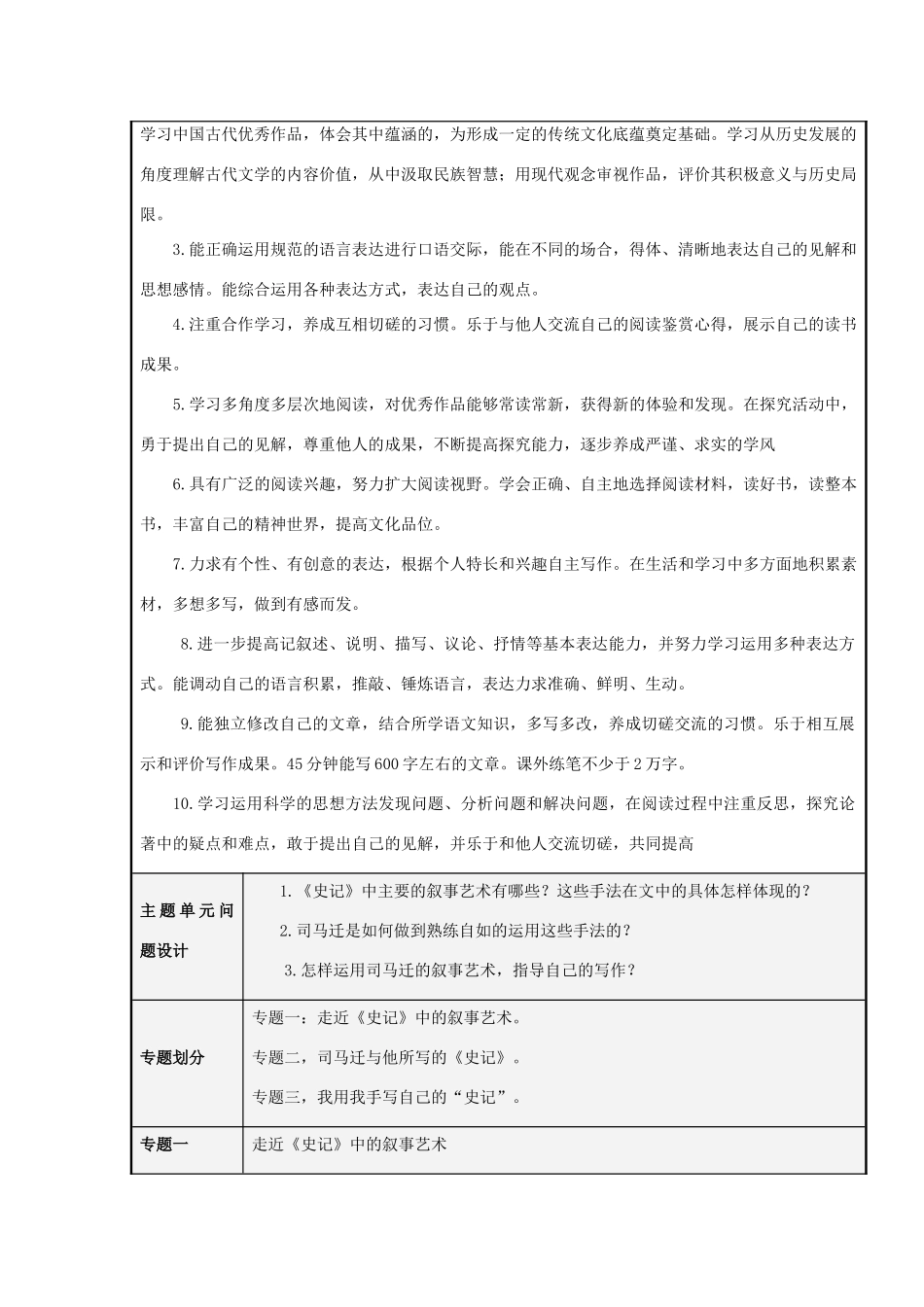 山东省诸城市实验中学2012-2013学年高二语文 善序事理文外无穷谈《史记》的叙事艺术主题单元设计 鲁教版_第3页