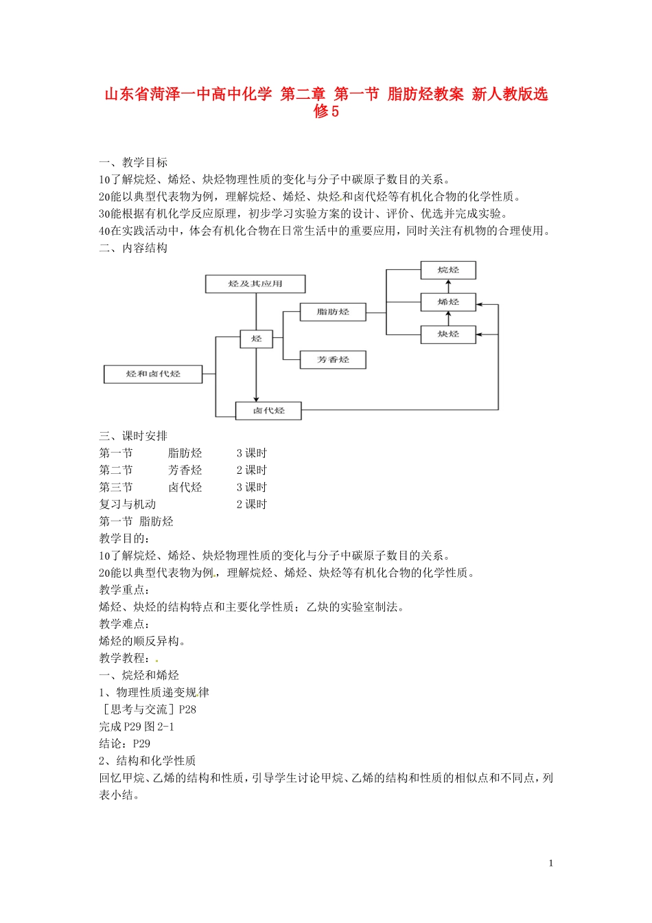 山东省菏泽一中高中化学 第二章 第一节 脂肪烃教案 新人教版选修5_第1页