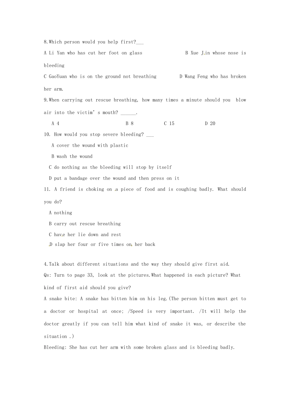 山东省菏泽一中2014高中英语 Unit 5 First Aid Period One warming up and reading教案 新人教版必修5_第3页