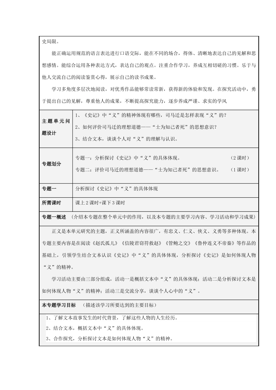 山东省荣成市高中2012-2013学年高二语文《史记》中的义薄云天主题单元设计_第3页