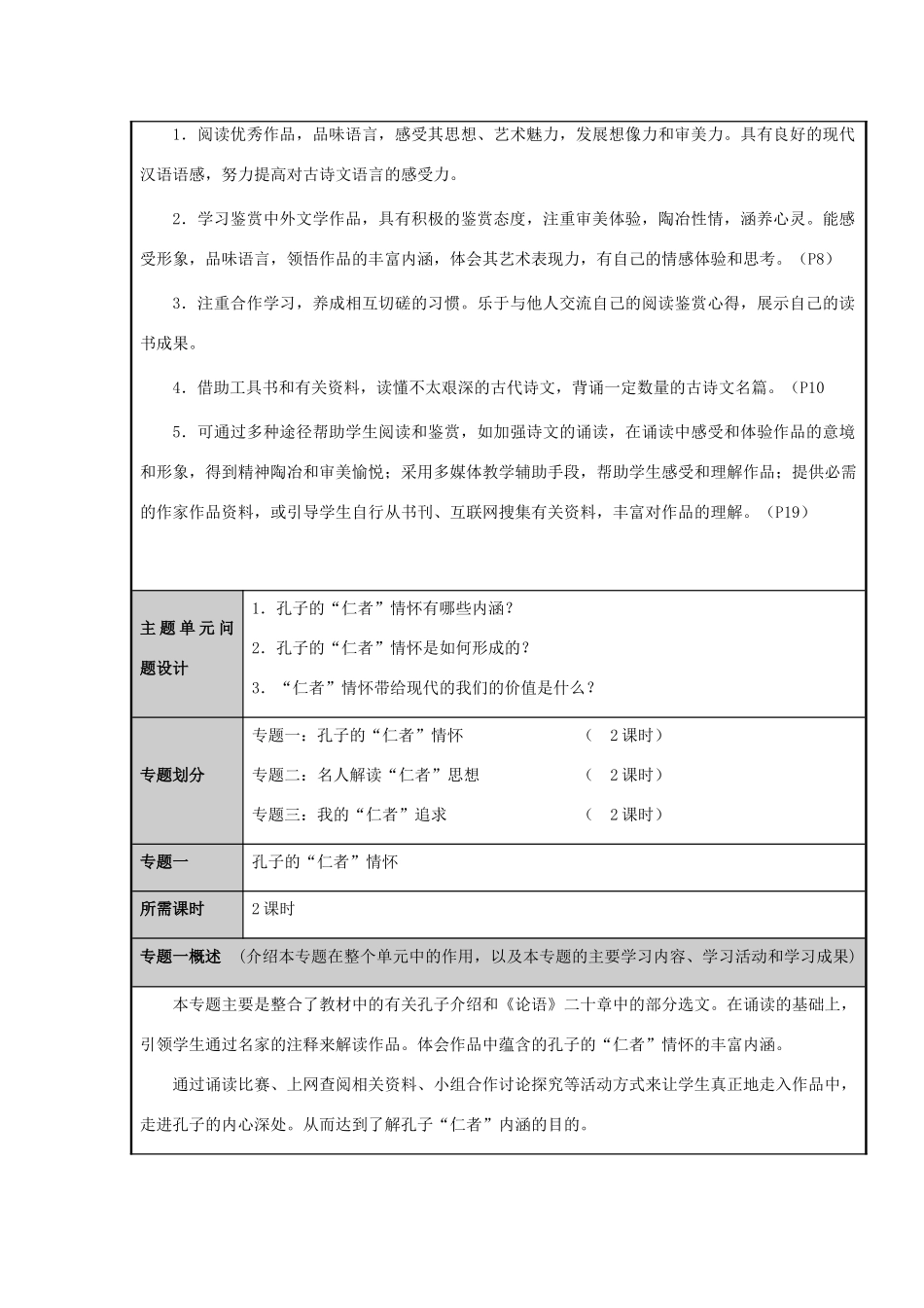 山东省荣成市高中2012-2013学年高一语文 走进孔子的“仁者”情怀主题单元设计_第3页