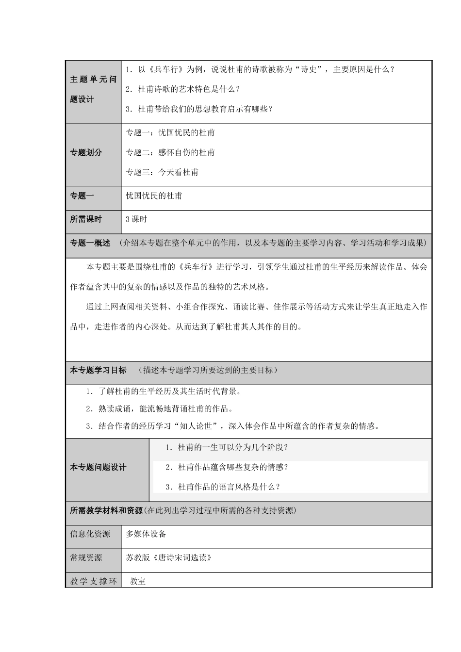 山东省滕州市高中2012-2013学年高二语文“悲天悯人沉郁顿挫杜诗圣”主题单元设计_第3页