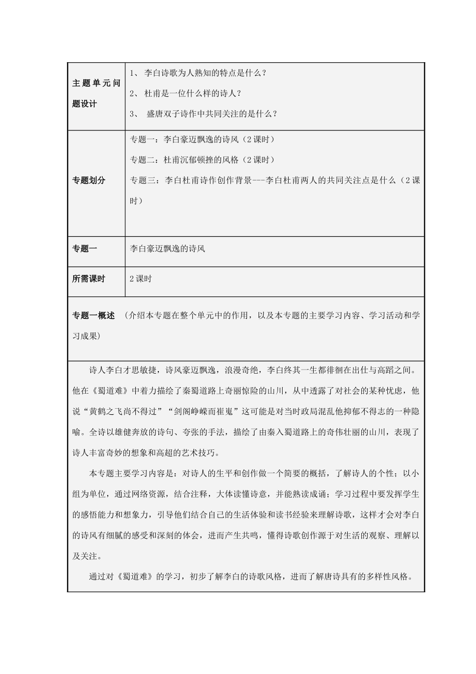 山东省潍坊市潍坊中学2012-2013学年高二语文 李白与杜甫诗歌风格之比较 主题单元设计 鲁教版_第3页