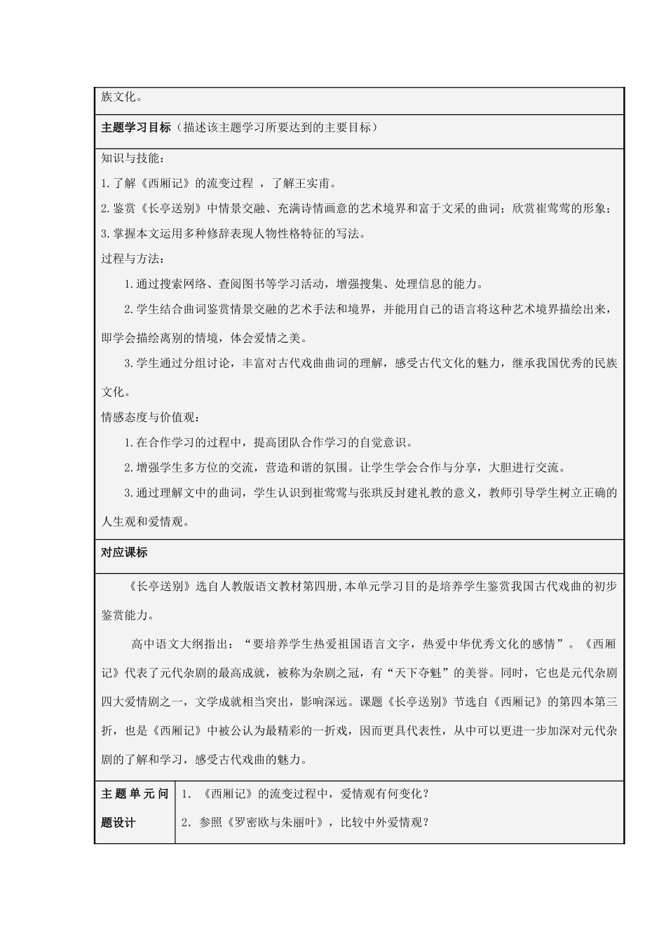 山东省淄博高中2012-2013学年高二语文 长亭送别—爱情是什么主题单元设计_第2页