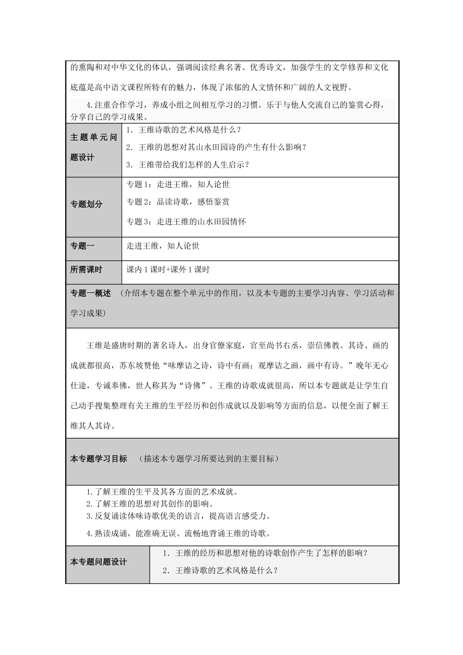山东省淄博高中2012-2013学年高二语文 山水田园间的王维主题单元设计_第3页