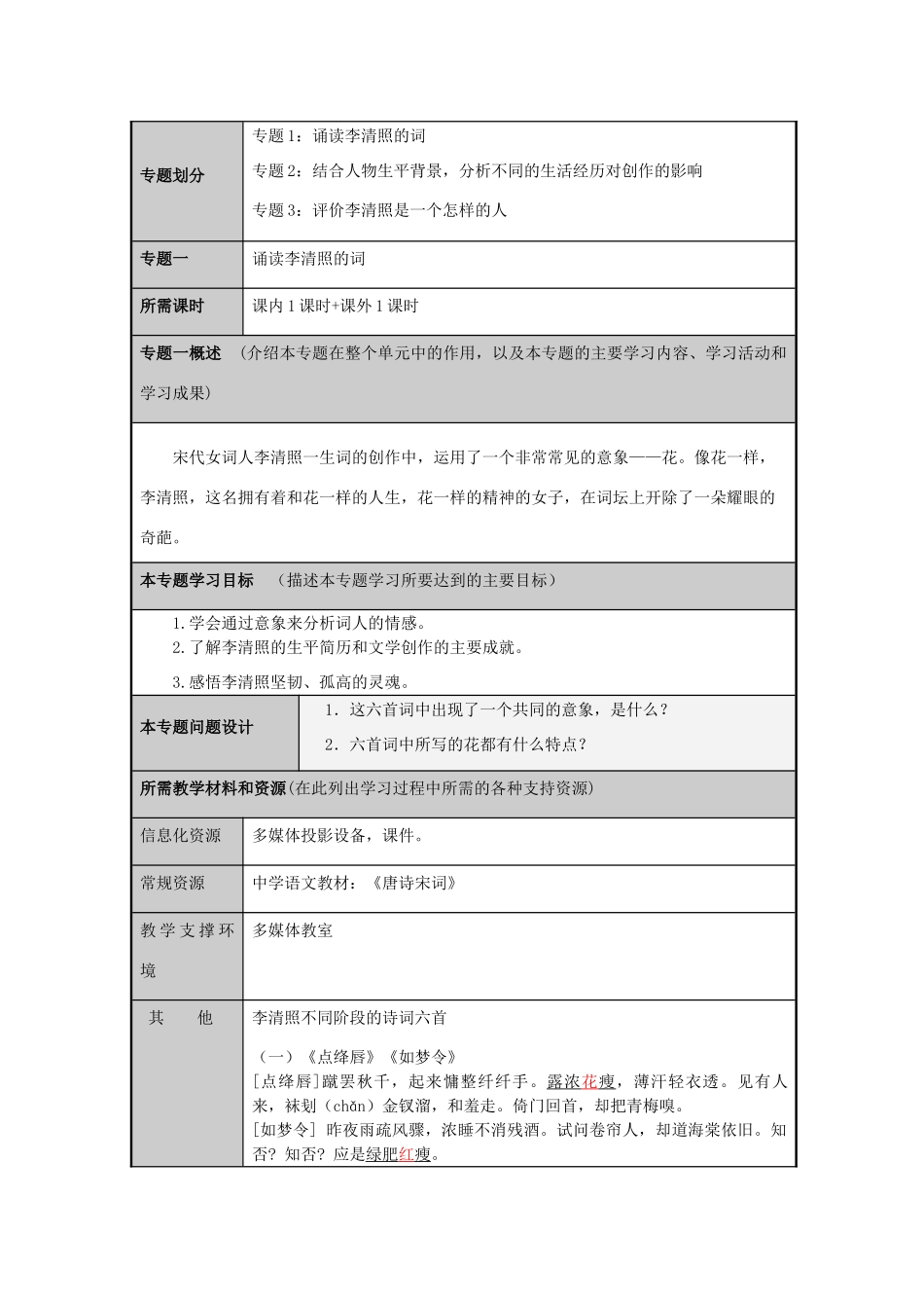 山东省淄博高中2012-2013学年高二语文 南宋的乱世词心之话清照主题单元设计_第3页
