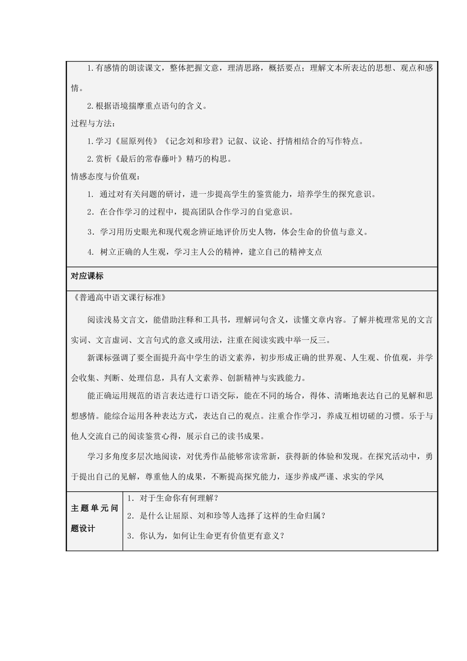 山东省淄博高中2012-2013学年高一语文 生命的赞歌主题单元设计_第2页