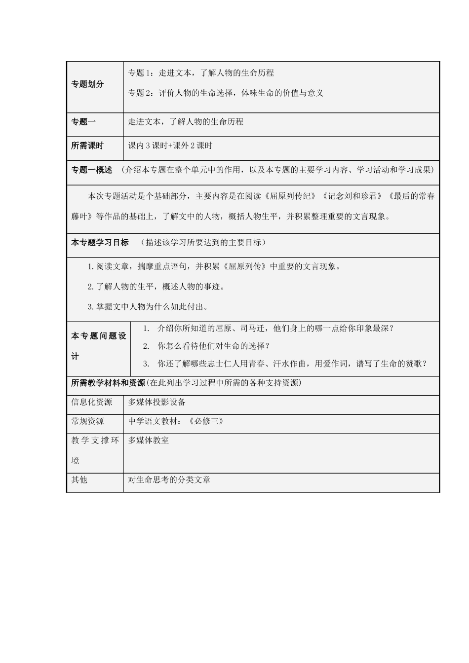 山东省淄博高中2012-2013学年高一语文 生命的赞歌主题单元设计_第3页
