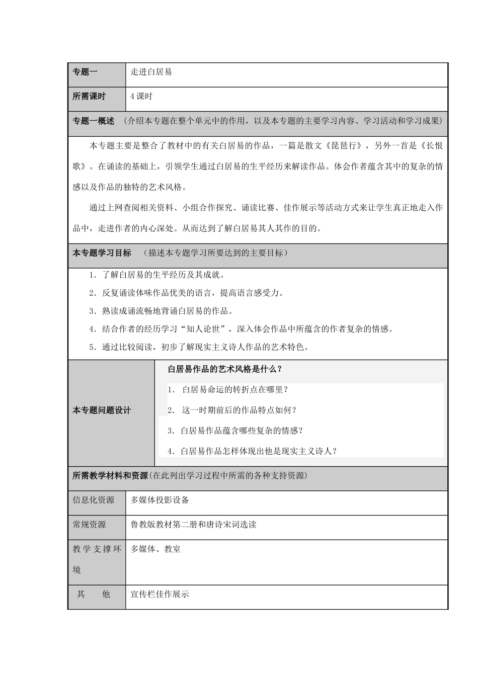 山东省淄博高中2012-2013学年高一语文 悲天悯人的白居易主题单元设计_第3页