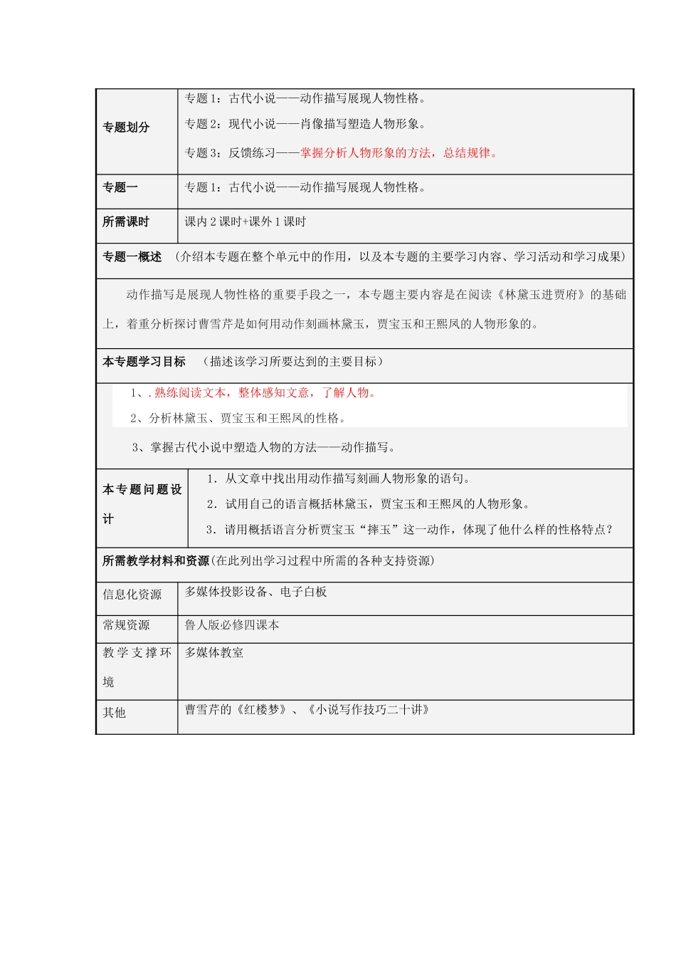 山东省淄博高中2012-2013学年高一语文 小说刻画人物形象的方法主题单元设计_第3页