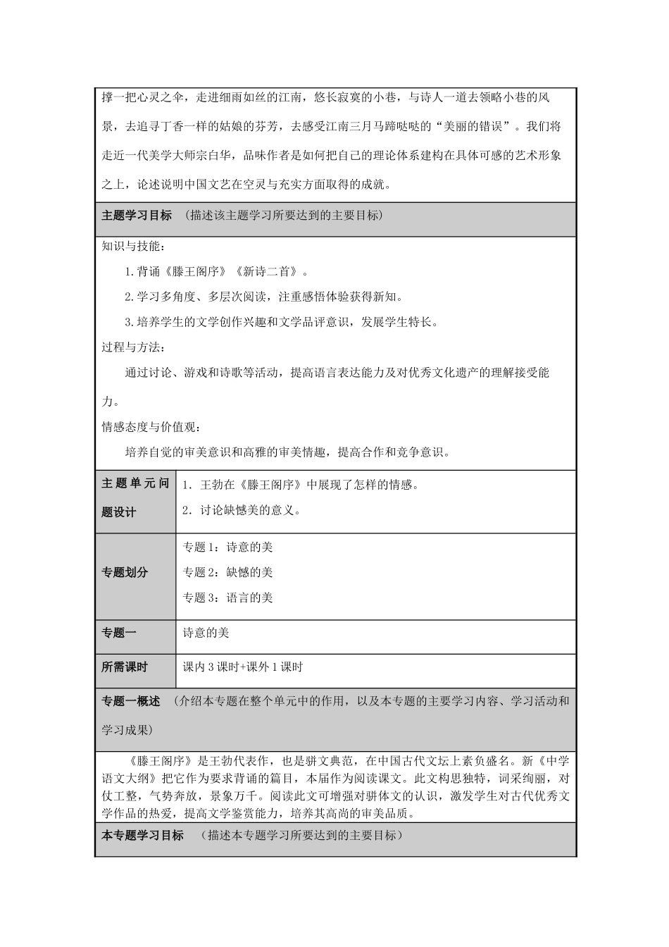 山东省淄博市沂源二中2012-2013学年高二语文 美的真谛主题单元设计主题单元设计_第2页