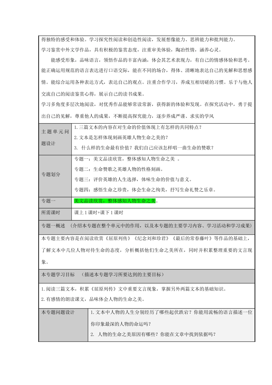 山东省淄博市沂源二中2012-2013学年高二语文 生命的赞歌主题单元设计_第3页