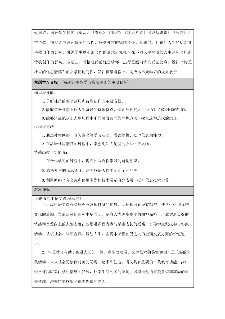 山东省济宁市微山县第一中学2012-2013学年高一语文 诗圣杜甫的忧思情怀主题单元设计_第2页