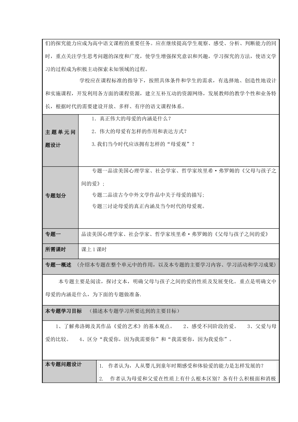 山东省济宁市微山县第二中学2012-2013学年高一语文 文学作品中的“母爱”主题单元设计_第3页