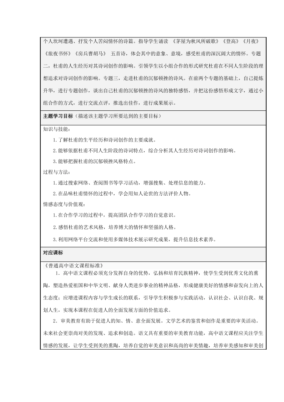 山东省济南市长清区高中2012-2013学年高二语文 走进杜甫沉郁顿挫的悲情世界主题单元设计_第2页